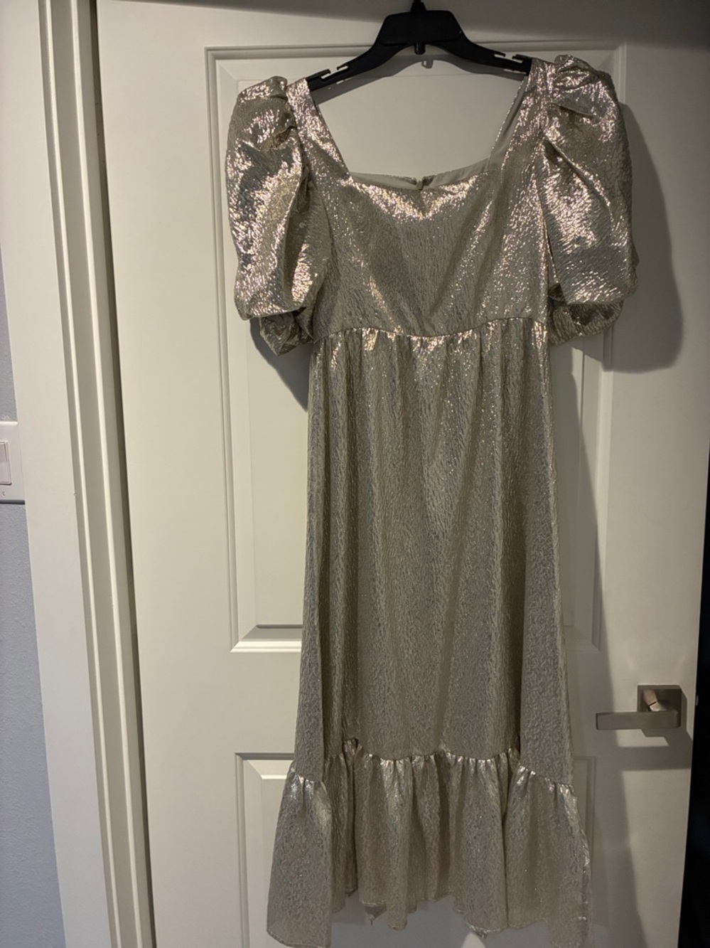 Loeffler Randall Silver Metallic Puff-Sleeve Maxi Dress